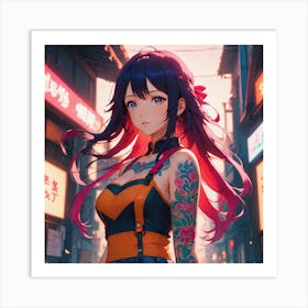 Anime Girl With Tattoos Art Print