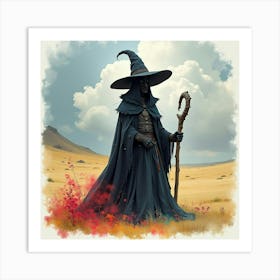 Black Magic Mage In A Colorful Watercolor Wasteland 1 Art Print