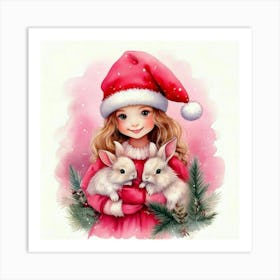 Firefly Christmas, Bunnies, Santa, Hat, Pastel, Watercolor, Pink, Dresses, Cute, Festive, Holiday, W (1) Art Print