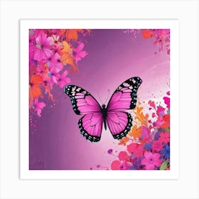 Pink Butterfly With Flowers Art Print