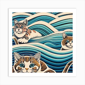 swimming Cats In The Waves Art Print