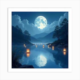 Mystical Moonlit Lake With Floating Lanterns, Watercolor 1 Art Print