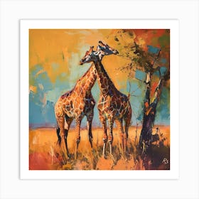 Giraffes Eating Tree Branches Brushstroke 4 Art Print