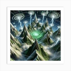 3 Dimensional Mountains With Multiple Green Lightning And White Swirls In A Vortex Art Print