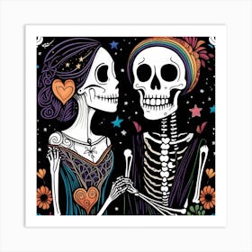 Day Of The Dead Couple LBGTQ love whimsical minimalistic line art Art Print