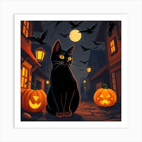 Black Cat On Street At Halloween - Diverse Art Illustration 39 Art Print