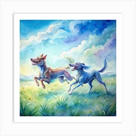 Two Dogs Running In The Field Art Print