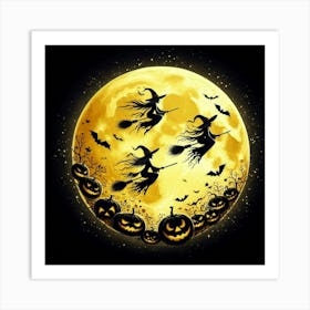 Halloween Witches Flying Over The Moon Art Print