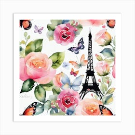 Paris Roses And Butterflies 1 Art Print