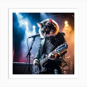 Tabby Cat Mid Performance Radiates Bravado Center Stage With A Rockstars Stance Guitar Slung Ov Art Print