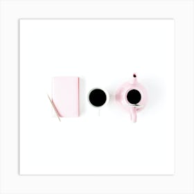 Pink Teapot And Cup Of Coffee Art Print