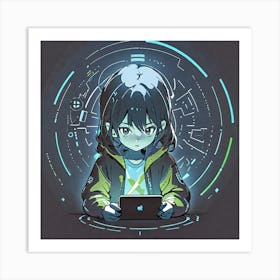 Anime Girl Using A Laptop Art Print