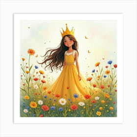 Radiant Young Queen Amidst A Watercolor Meadow Of Vibrant, Wildflowers Art Print