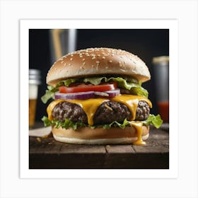 Burger On A Wooden Table Art Print