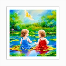 Two Little Girls In A Pond Art Print