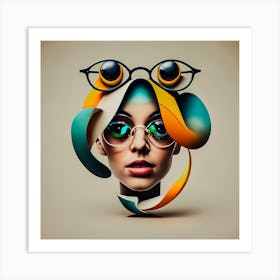 Child Face, Eye Glass, One Line, Digital Art Art Print