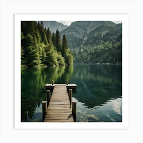 A Serene Lakeside Scene With Crystal Clear Water Reflecting The Lush Green Trees And Surrounding Mountains Art Print