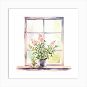 Watercolor Flowers On Window Sill Art Print