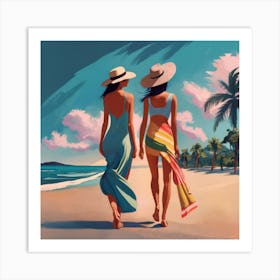 Two Women Walking On The Beach Art Print