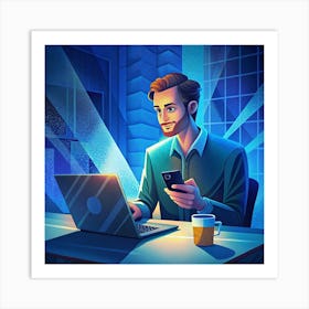 Man Working On Laptop And Smartphone In A Blue Lit Office Art Print