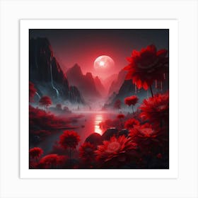 Red Flowers In The Mountains Art Print