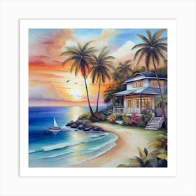 Beach House At Sunset 1 Art Print