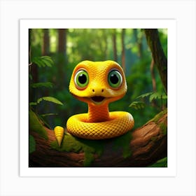 Firefly 3d, Animated, Surprised, Yellow, Baby Snake, Green Eyes, Knot, Tree Branch, Whimsical, Playf (2) Art Print