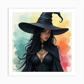 Black Magic Enchantress With A Colorful Watercolor Backdrop 1 Art Print