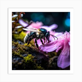 up close sky blue bee on a black rock in a mystical fairytale forest, mountain dew, fantasy, mystical forest, fairytale, beautiful, flower, purple pink and blue tones, dark yet enticing, Nikon Z8 3 Art Print