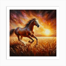 Horse Running In The Field At Sunset 4 Art Print