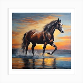 Horse Running At Sunset Art Print