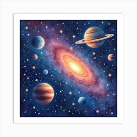 A Watercolor Galaxy Teeming With Vibrant Stars, Planets, And Glowing Dust 1 Art Print