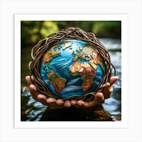 A Hand Of Earthy Brown Weaves Cradling A Detailed Miniature Globe Veins And Tendons Popping Against (5) Art Print