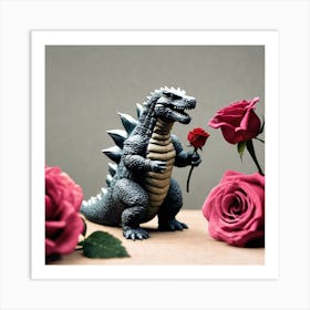 Godzilla Holding A Rose Art Print