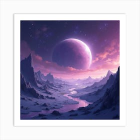 Watercolor Alien Planet With A Glowing Purple Sky And Distant Stars 1 Art Print