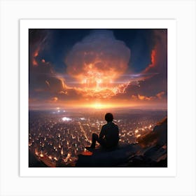 Sitting High Up On A Hill Looking Down At A City Being Nuclear Bombed Bathed In The Ethereal Glow Art Print