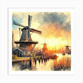 Sketching Amsterdam S Windmills At Sunset, Capturing The Essence Of Dutch Life Style Windmill Sunset Impressionism (1) Art Print