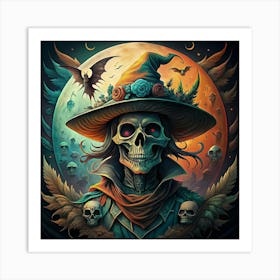 Skeleton Witch With Skull Accents And Bats Art Print