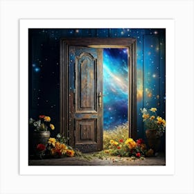 An Aged Wooden Door Rich With The Grooves Of Time Is Ajar In A Wall Adorned With Wallpaper Boastin (1) Art Print