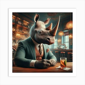 Suited Business Rhino At The Bar Art Print