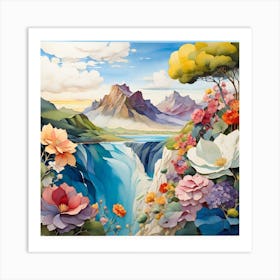 Waterfall With Flowers Art Print