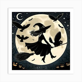 A Image Of A Witch Flying In Front Of The Moon 2 Art Print