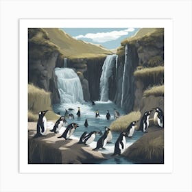 824873 A Waterfall Flows Into A River Where Penguins Play Xl 1024 V1 0 Art Print