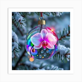 vibrant prismatic crystal glass Christmas Ornament vivid holographic sphere, in the middle an opulent pink orchid blossom Art Print