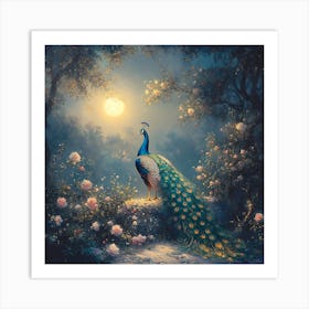 Peacock In The Moonlight 1 Art Print