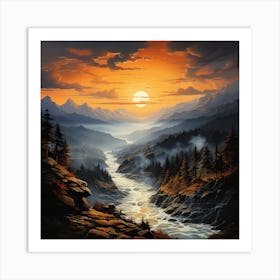 Sunset Over Foggy Mountains Art Print