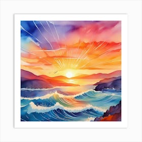 Watercolor Sunset With Waves Art Print