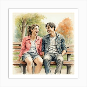 Couple Sitting On Park Bench Art Print