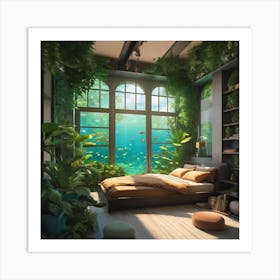 Anime Bedroom Full Of Plants With Giant Window Looking Out Underwater 1 Art Print