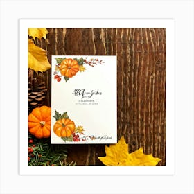 An Autumn Themed Holiday Card Adorning A Vintage Rustic Wooden Finish Laden With A Hand Drawn Dispu 1 Art Print